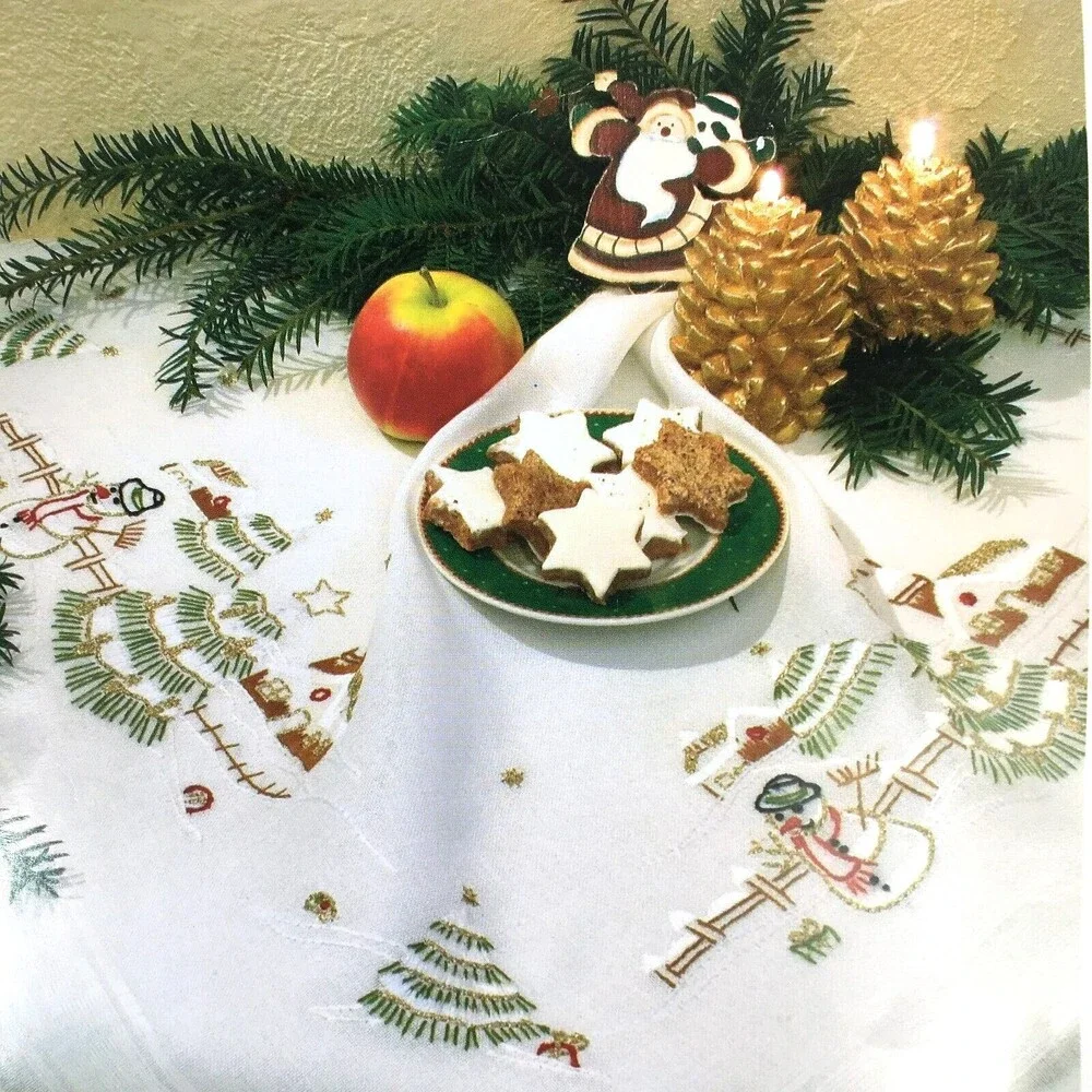 Exclusive Table Design Winter Scene Snowman Embroidery Square Topper Kit 32